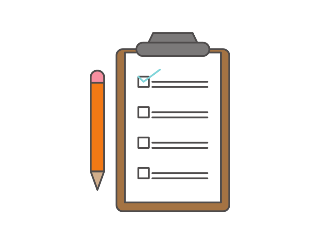 A checklist document on a clipboard with a pen.